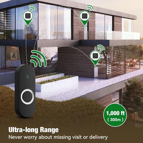 AIDA Lighted Wireless Doorbell for Home, Waterproof Battery Doorbell Wireless 1,000ft Range, 5 Volume Levels with 58 Chimes & LED Flash on Receiver (Black, 1 transmitter & 1 Receiver)