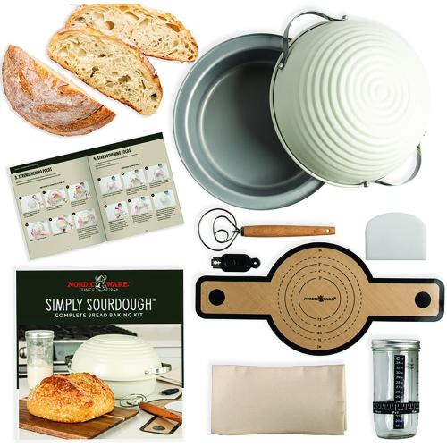 Nordic Ware Simply Sourdough™ Complete Bread Baking Kit BAKING PAN INCLUDED, Dual use Banneton lid, 22pg Guide book w/Recipes, Danish Whisk, Starter Jar, Cutter, Lifting Mat, Scraper, Cotton Liner