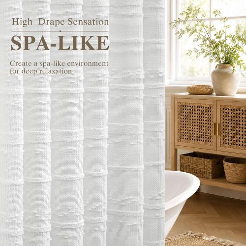 Extra Long Farmhouse White Shower Curtain Boho, 72 x 78 Cotton Blend Tufted Weave Waffle Stripe Textured Heavy Duty, Fabric Shower Curtain for Bathroom, Hotel