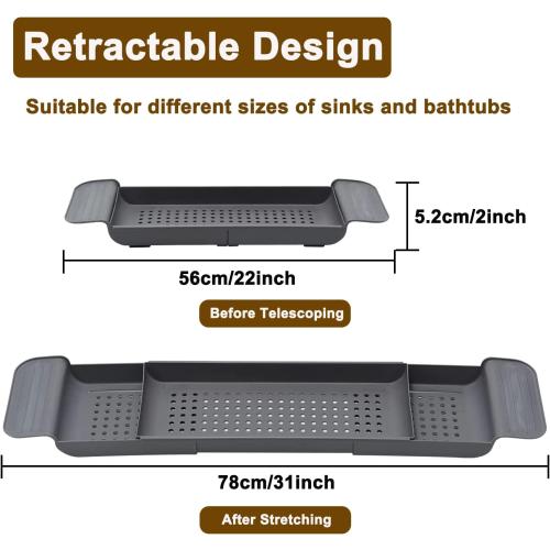 Expandable Drain Bath Shelf Caddy Tray, Multifunctional Plastic Bathtub Tray Bathroom Organizer Simple Stylish Bathtub Storage Rack for Candle Towel, Book, Wine, Phone, Shower (Grey - 1pcs)