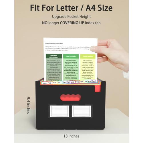 Expanding File Folder, 24 Pocket Accordion A4 Letter Size Portable Document Organizer with Colored Tabs, Expandable Bill Coupon Folder - Black