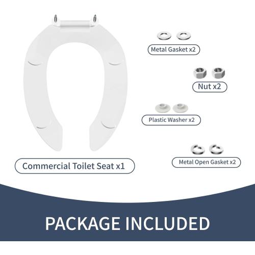 Commercial Open Front Toilet Seat Elongated, Heavy Duty Public Restroom Toilet Seat, Durable PP Plastic, Easy Install Replacement for School, Hospital, Hotel & Church, White