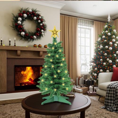 3 Ft Green Christmas Tree with Lights, Timer 8 Modes 50 Warm White Lights Battery Operated Small Artifical Full Christmas Tree for Tabletop Home Office Indoor Outdoor Xmas Holiday Party Decorations