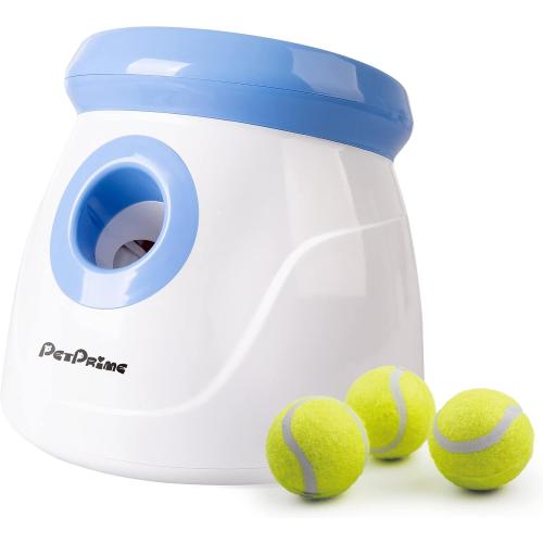 Pet Prime Automatic Dog Ball Thrower Launcher for Small and Medium Dogs, Interative Dog Fetch Machine with 3 Tennis Balls (2'') for Indoor/Outdoor Throwing Game Launch Distance 10-30ft