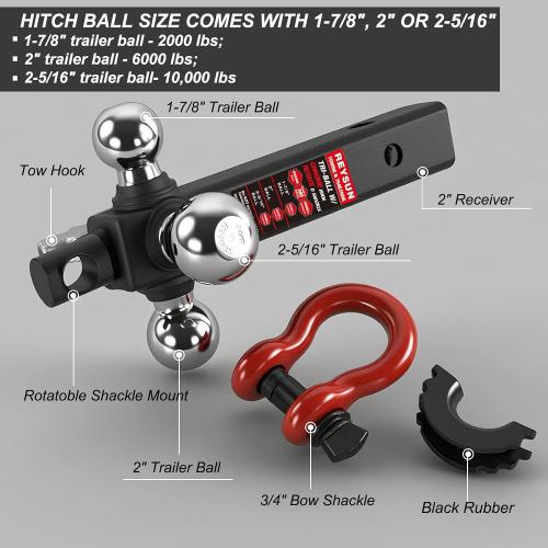 Trailer Hitch Tri-Ball Mount: with Swivel Tow Shackle and Tow Hook, fits for 2-inch Receiver, Chrome Trailer Ball Size 1-7/8, 2 and 2-5/16 and 5/8 Hitch Lock Pin
