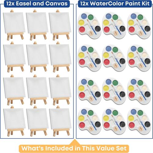 Mini Canvas and Easel Set with Watercolor Paint in Bulk Set of 12 - Kids Art Party Favors & Party Supplies - 4x4 Small Canvases for Painting with Easel - Water Colors Paint for Kids