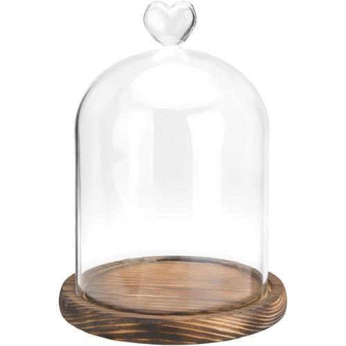 MyGift 6 Inch Small Clear Glass Cloche Bell Jar Display Case with Heart Top Handle and Dark Brown Wooden Base (5.6 x 7.6)