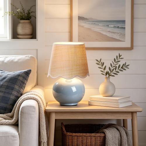 PARTPHONER Coastal Lamp, Small Ceramic Table Lamp, Light Blue Globe Base with Rattan Woven Shade, Rocker Switch Boho Bedside Lamp for Bedroom, Living Room, Kids Room, Bulb Included