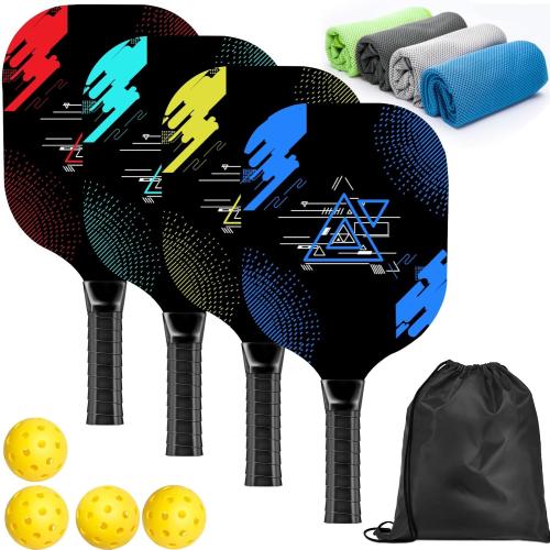 Pickleball Paddles Set of 4, Wood Pickleball Set with Comfort Grip | 4 Cooling Towels, 4 Pickleball Balls & Carry Bag. Cushion Grip Wood Paddle Set for Men, Women, Beginners