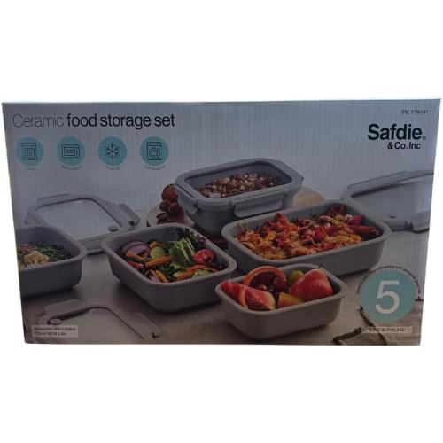 Safdie Ceramic Food Storage Set, 5 Containers with Glass Lids, Leak-Free Kitchen Containers (GRAY)