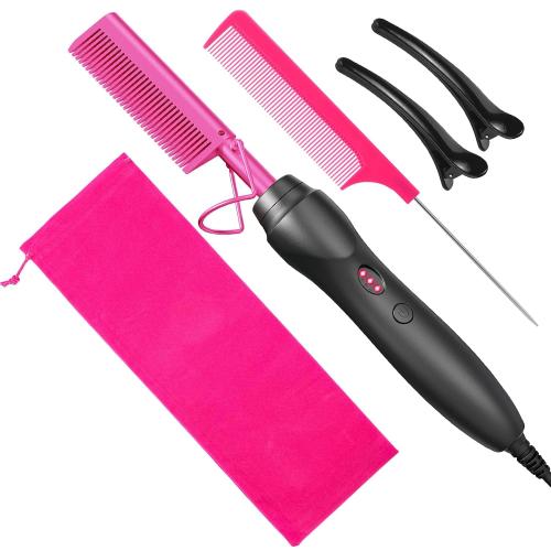 Hot Comb Hair Straightener Pressing Combs - Ceramic Electric Straightening Comb for Natural Black Beard Wigs Holiday Gift- Pink