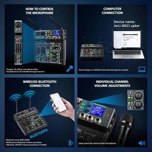R4-PROS 4 Channel Karaoke Mixer with 2 Wireless Microphones, Bluetooth