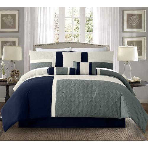 Chezmoi Collection Upland 7-Piece Quilted Patchwork Comforter Set, Navy/Blue/Gray, Queen