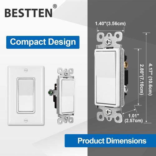 BESTTEN 10 Pack Single Pole Decorator Light Switch with Wallplate, 15A 120/277V, Rocker Paddle Wall Switch, On/Off Interrupter for LED and Other Lamps
