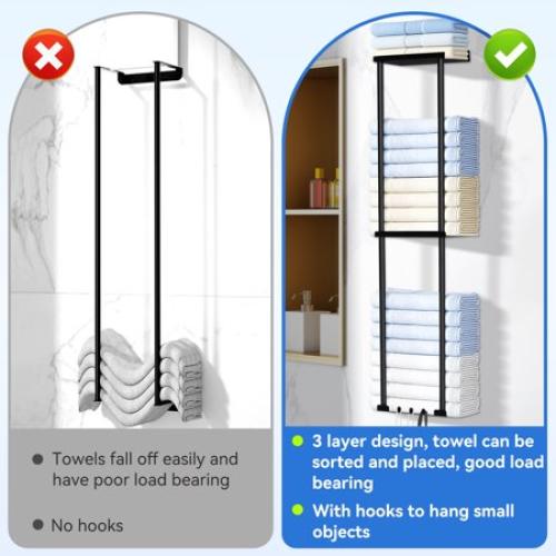 Towel Racks for Bathroom HONEIER 3 Tier Towel Holder with Shelf & 6 HooksWall Mounted Vertical Rolled Towel Storage Organizer Holder Towel Shelf Organizer for Toilet, Black