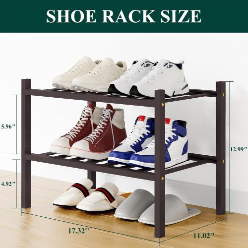 Smiry Bamboo Shoe Rack, 8 Vertical Slats, 2 Tier - 17.3 Wide, Brown