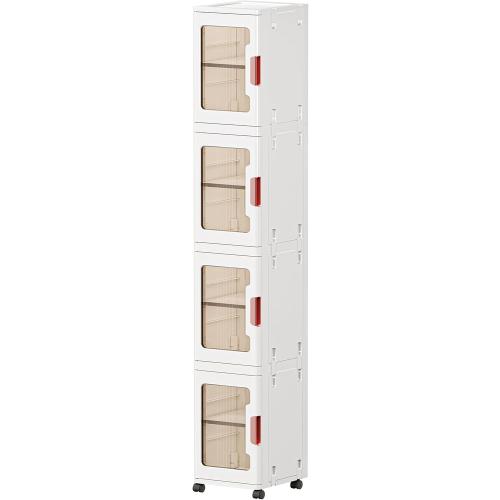 4-Tier Slim Tall Bathroom Storage Cabinet，Narrow Bathroom Storage Cabinet with Transparent Doors and Shelves, Suitable for Small Spaces, Bathrooms, Kitchens, Laundry Rooms,White (9.8x11.4x62.9)
