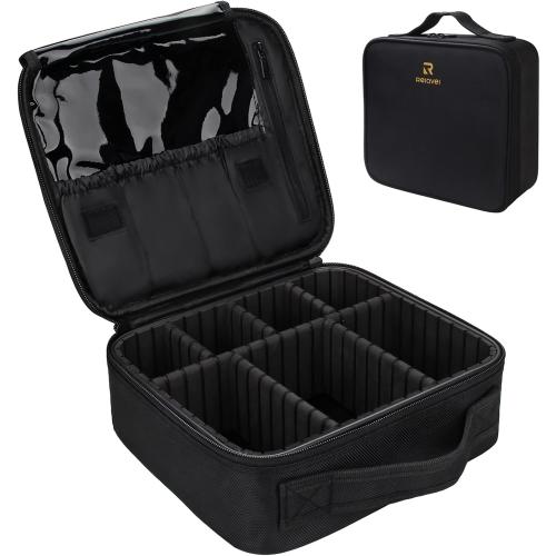 Relavel Travel Makeup Train Case Makeup Cosmetic Case Organizer Portable Artist Storage Bag with Adjustable Dividers for Cosmetics Makeup Brushes Toiletry Jewelry Digital Accessories Black