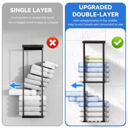 Towel Racks for Bathroom HONEIER 3 Tier Towel Holder with Shelf & 6 HooksWall Mounted Vertical Rolled Towel Storage Organizer Holder Towel Shelf Organizer for Toilet, Black