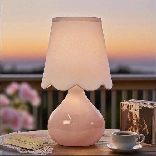 14''H Cordless LED Ambient Table Lamp, Rechargeable Ceramic Bedside Lamp with 3-Level Dimmable Soft Lighting, Linen Shade, Cozy Room Decor for Teens (Pink)