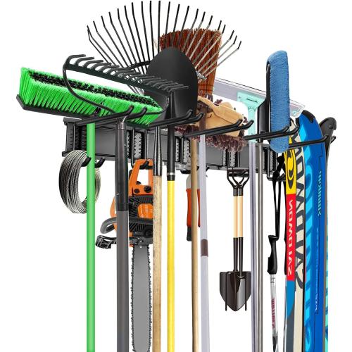 WALMANN Wall Mount Tool Organizer, Mop and Broom Holder, Garage Tools Storage Rack, Heavy Duty Garden Tool Storage Rack, Holds Up to 300 lbs