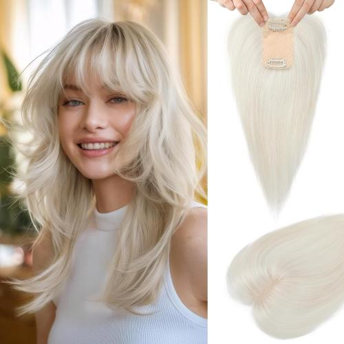 Flufymooz Real Human Hair Toppers for women, 10 Inch Clip in Bangs 100％ Human Hair Toppers for Thinning Hair, Cover Hairpiece with 150% Density Silk Base-White Blonde
