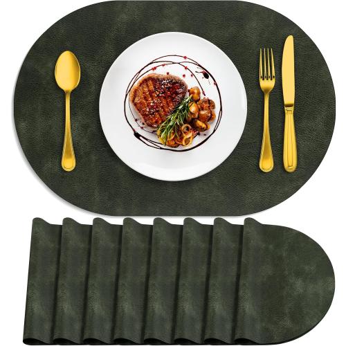 Oval Placemats Set of 8, Wipeable Faux Leather, Dark grey