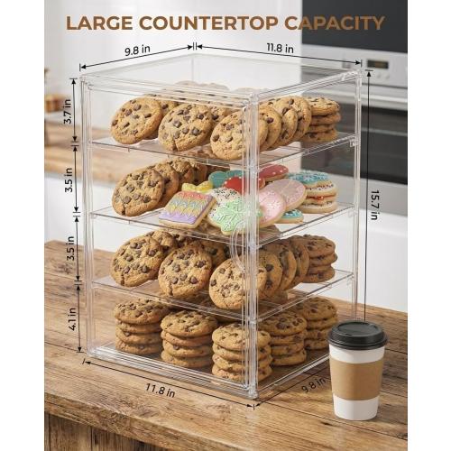 Cookie Display Stand for Bakers, Vendors, Market Booth, Craft Fair, Events | Acrylic Pastry Case with Door for Cupcake, Muffin, Donuts | 4 Tiered Cookie Display Rack with Full Angle Visibility