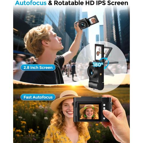 4K Digital Camera for Photography- 48MP Autofocus Vlogging Camera with 2.8 180° Flip Screen, 16X Digital Zoom- Compact Point and Shoot Camera with 64GB SD for YouTube, Travel, Beginners
