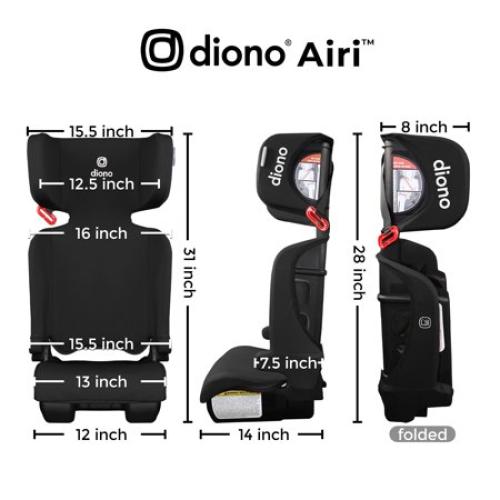 Diono Airi Travel High Back Booster Car Seat, Foldable Travel Booster Seat, Slim Fit 3 Across, Side Impact Protection, For Kids 40-100 lbs & 43-57 in, Black