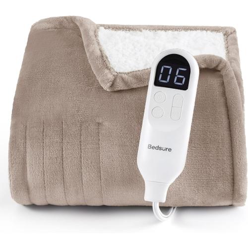 Bedsure Heated Blanket Throw, Soft Electric Blanket with Preheat, Taupe