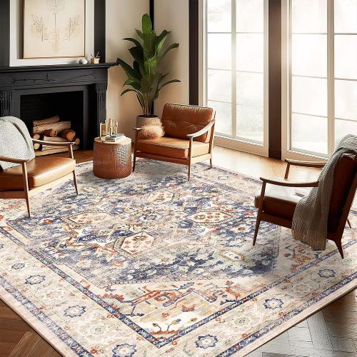 Washable Area Rug 8'x10' Blue Khaki Retro Boho Design Non-Shedding Non-Slip Easy Care Ideal for High Traffic Areas in Living Room Bedroom Office Coffee Table Kitchen Large Carpet