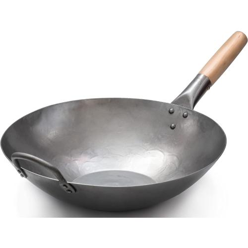 Craft Wok Flat Hand Hammered Carbon Steel Pow Wok with Wooden and Steel Helper Handle (14 Inch, Flat Bottom) / 731W316