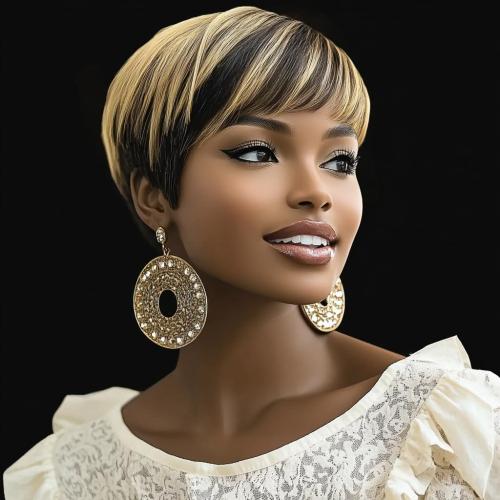 Short Black Bob Wig Straight Wig Short Wig With Bangs Short Pixie Wigs For Black Women. Gold /Brown