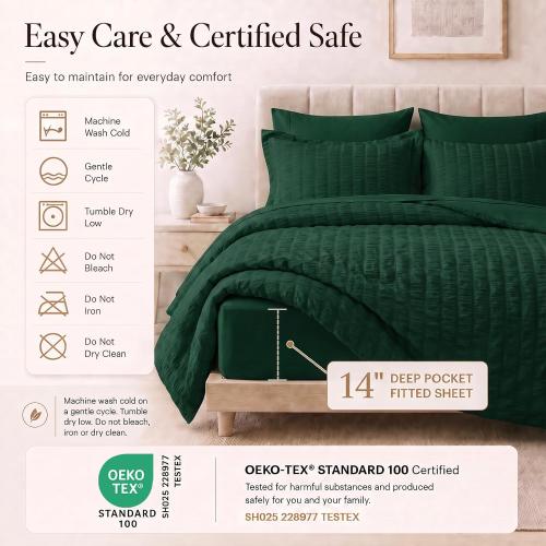 Comforter Set, 5 Pieces Emerald Green Seersucker Bed in a Bag