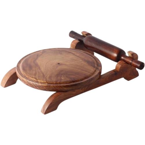 Handcrafted Sheesham Wooden Chakla Belan Set With Stand for Roti, Chapati, Rolling Board and Rolling Pin Combo, Round Dough Board for Cooking