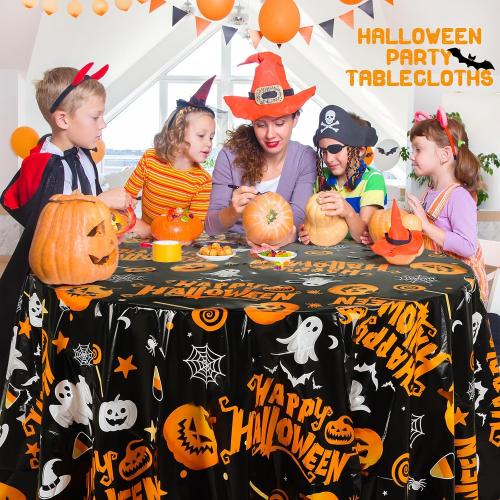 LemonRoad 6 Pack Round Halloween Tablecloths 84 Inch Plastic Table Cover