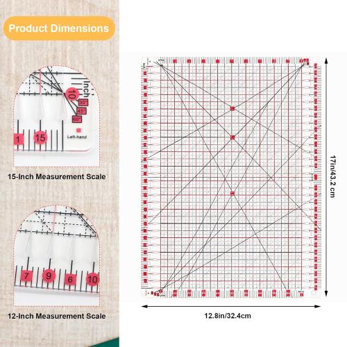 Slotted Quilting Ruler Set – 17“ x 12.8” Acrylic Quilting Rulers with 45mm Rotary Cutter, Non-Slip Mat & Arrow Stickers – Ideal for Precise Fabric Cutting, Sewing, Crafting and Patchwork