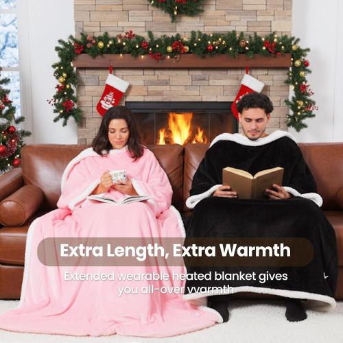 DAILYLIFE Wearable Heated Blanket with Foot Pocket, 52x72 Electric Blanket with Sleeves for 6 Heat Settings, 12 Hours Timer, Flannel & Sherpa, Charcoal
