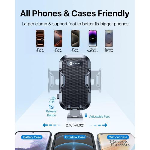 andobil Military-Grade Cup Phone Holder for Car/Truck, [2025 Enhanced] 13 360° Adjustable Gooseneck w/Anti-Shake Car Mount, Universal Car Phone Holder for iPhone/Samsung/Pixel All 4.0-7.0 Devices