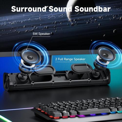 SOULION R100 Bluetooth Computer Speakers with Dynamic LED Light, USB Plug & Play PC Speakers with Switch Button, Clearly Sound Soundbar for Desktop Laptop Monitor(USB-C to USB Adapter Included)