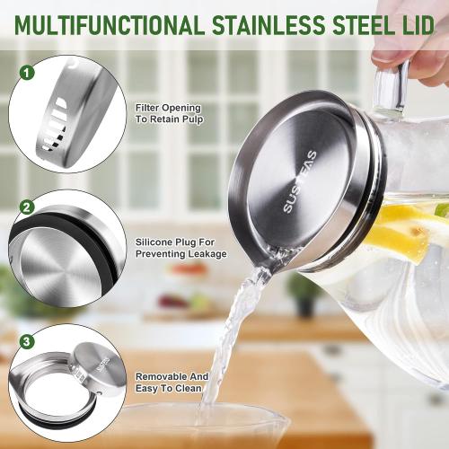 SUSTEAS 2 Liter 68oz Glass Pitcher with Lid and Handle, Borosilicate