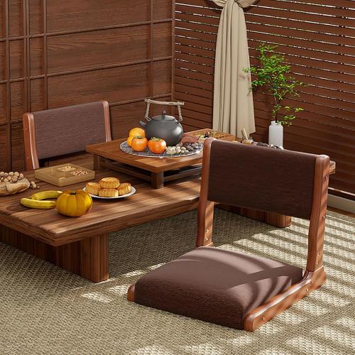 Foldable Japanese Tatami Chair, Solid Wood Legless Floor Chair with Breathable Linen Seat & Back Support, Meditation for Bedroom, Balcony, Bay Window, Walnut gray