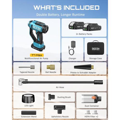 SEESII 3-in-1 Cordless Tire Inflator Air Compressor Car Vacuum & LED Light