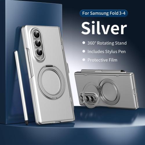 360° Spin Magnetic Stand for Galaxy Z Fold 3 Case, Hinge Protection, Fit for Mag-Safe, 360 Kickstand & Ring Holder, Case for Samsung Galaxy Z Fold3 with a Stylus Pen-Silver