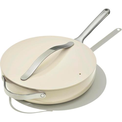 Caraway Nonstick Ceramic Sauté Pan with Lid (4.5 qt, 12) - Non Toxic, PTFE & PFOA Free - Oven Safe & Compatible with All Stovetops (Gas, Electric & Induction) - Cream