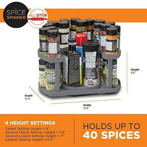 spice spinner two-tiered spice organizer & holder that saves space, keeps everything neat, organized & within reach with dual spin turntables- grey