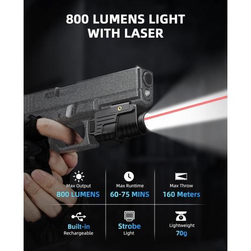 EZshoot 800 Lumens Pistol Light Laser Combo Rechargeable for Home Defense