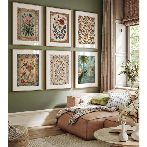 Indian Wall Art Vintage Floral Canvas Poster India Wall Decor Folk Flower Prints Scandinavian Pictures Antique Botanical Painting Gallery Artwork for Bedroom Living Room 8x10 Inch Unframed Set of 6