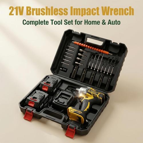 21V Brushless Impact Wrench Set, 1/2 Cordless Power Tool with 2 Lithium Ion Batteries, Charger, Sleeve Adapters and Accessories for Car Maintenance (2Highcapacity battery Toolbox)